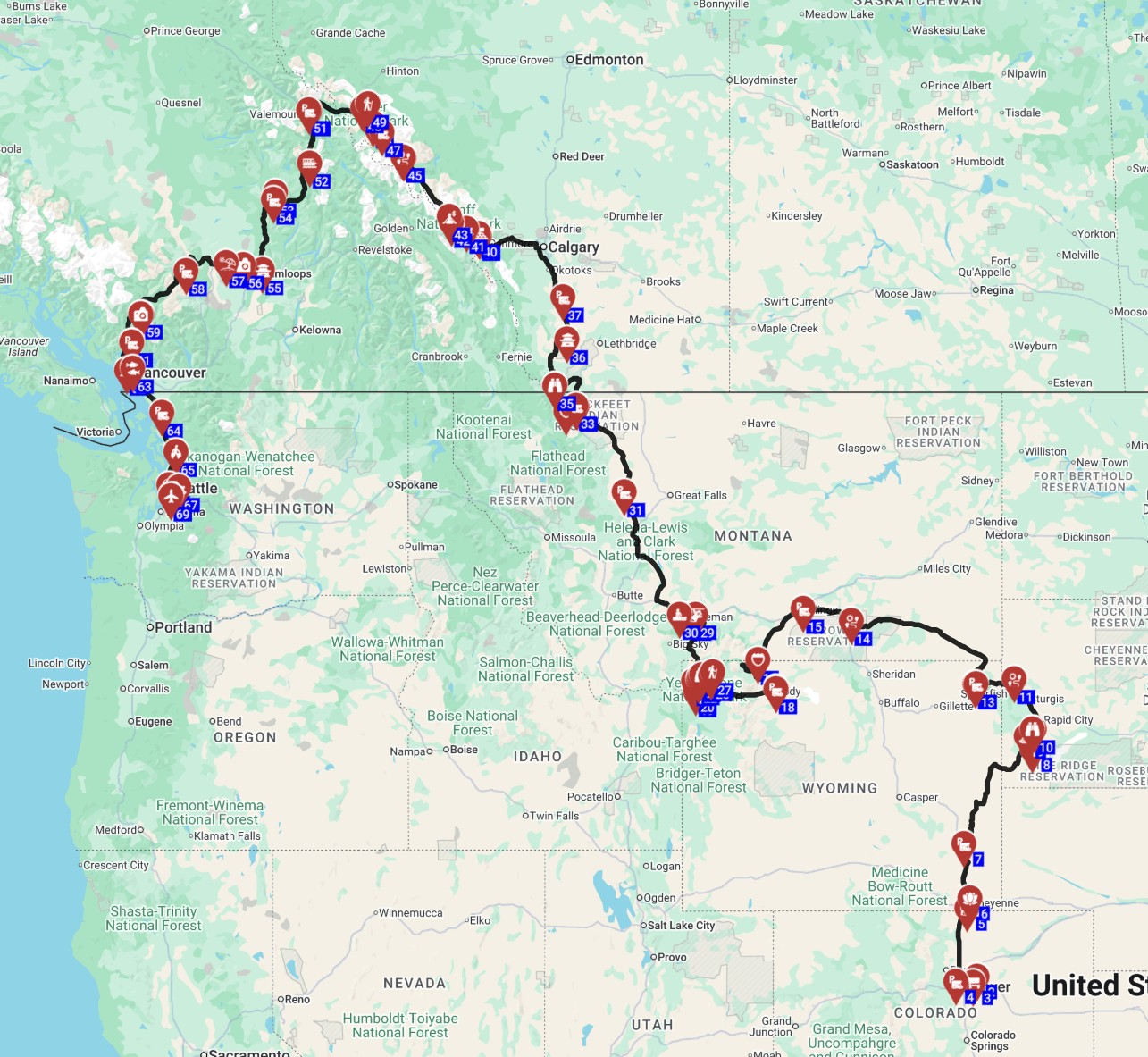 Map for השכרת קמפרוואן ותכנון טיול צפון אמריקה דנבר סיאטל